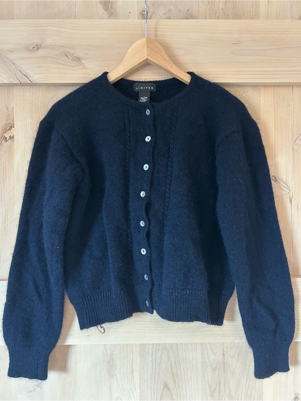 Limited Vintage 100% Shetland wool Navy cropped Button-Up fisherman Sweater larg